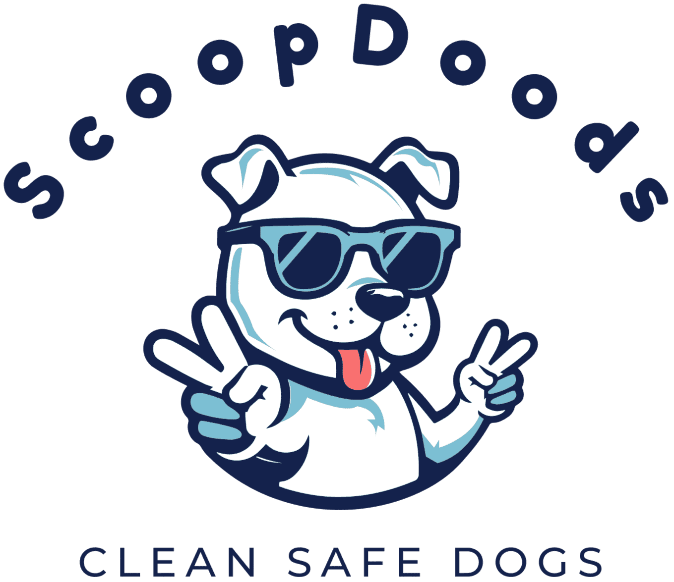 Cute cartoon dog wearing sunglasses with peace sign, scoopdoods logo, fun pet safety illustration, playful dog image.